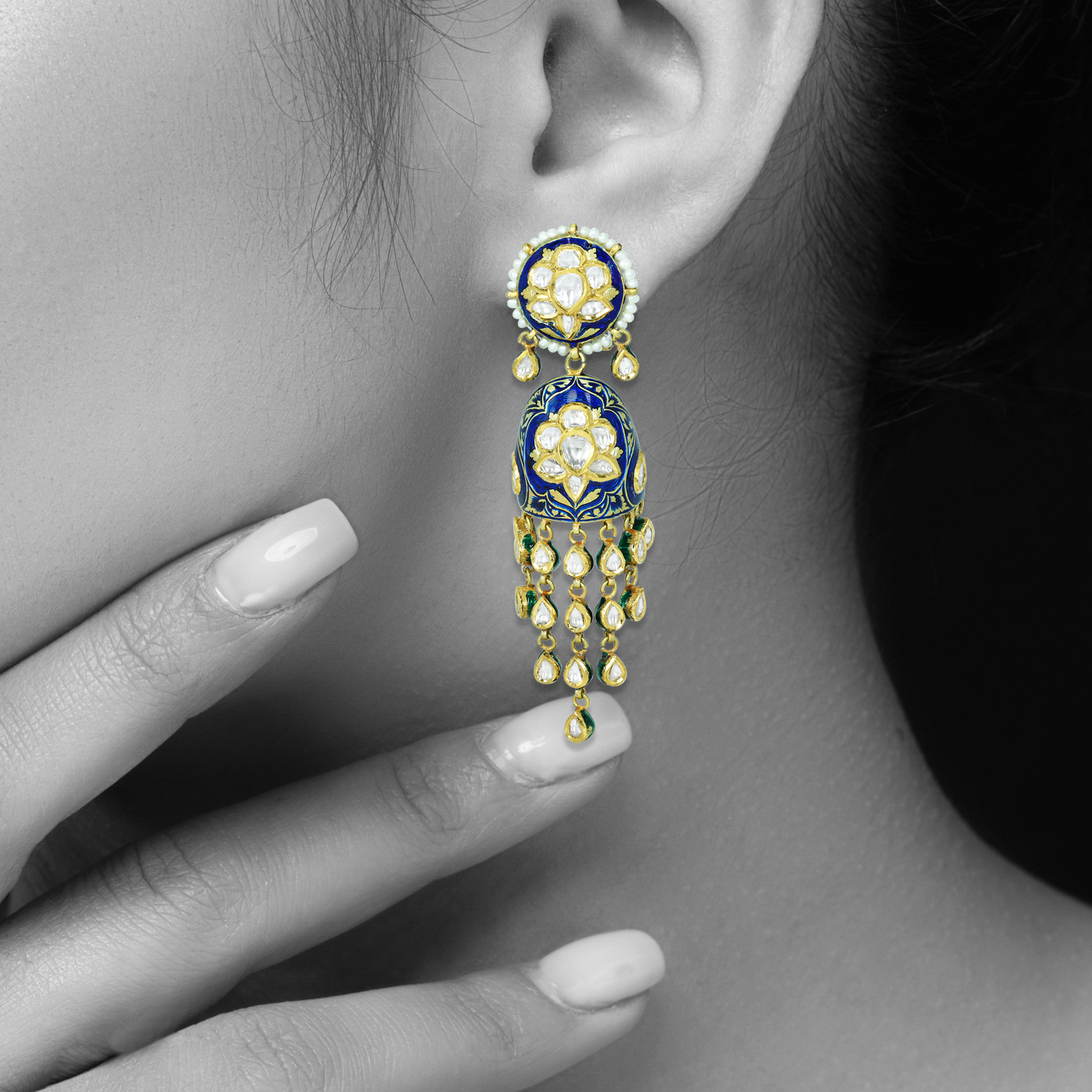 Polki Earrings with Blue Enamel Floral Motifs and Pearl Drops